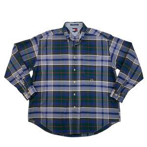 Vintage Tommy Hilfiger Shirt Mens L Large Blue Green Plaid Cotton Crest Logo 90s
